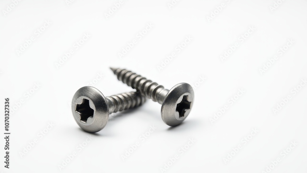 Screws and bolts for furniture repair. Close-up of two metallic screws with a star-shaped drive on a white background, showcasing detailed threading and smooth finish. Screws and bolts for furniture repair. Close-up of two metallic screws with a star-shaped drive on a white background, showcasing detailed threading and smooth finish.