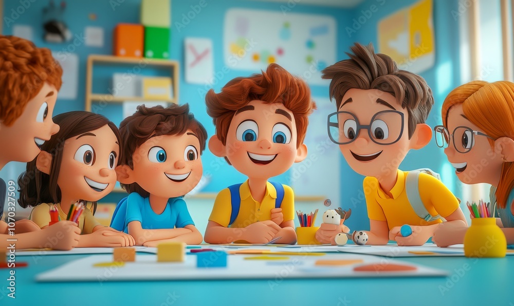 Fototapeta premium Cartoon students working together on a group project in the classroom, collaborative and fun, 3D illustration