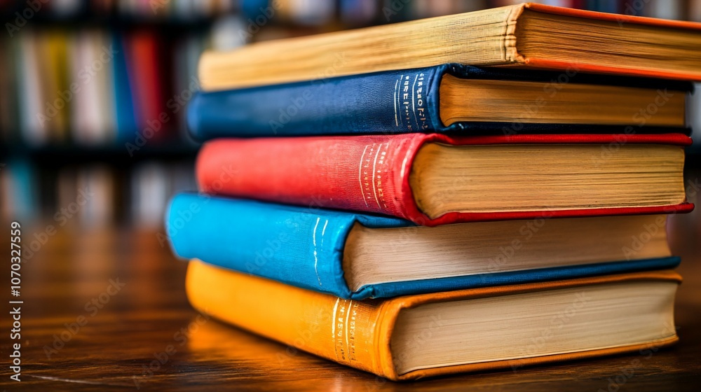 Closeup of a stack of colorful books at a local library, a resource for families to gather and learn together, library Closeup of a stack of colorful books at a local library, a resource for families to gather and learn together, library