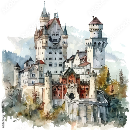 A watercolor vector of an old castle, isolated on a white background.