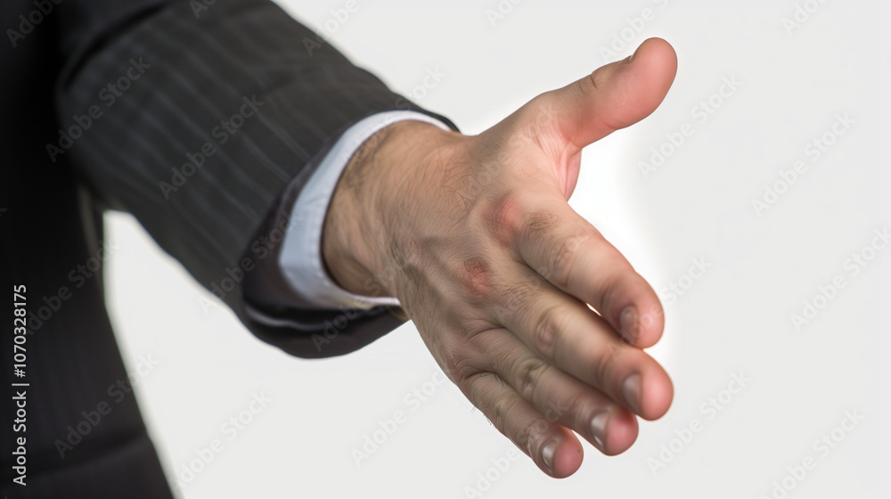 Close up of businessmen shaking hands on white background with copy space for message, professional greeting, successful cooperation Close up of businessmen shaking hands on white background with copy space for message, professional greeting, successful cooperation