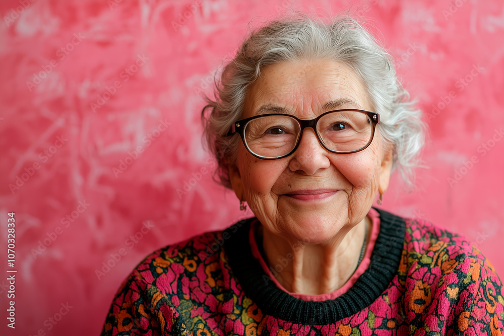 portrait of a cheerful smiling elderly grandmother in glasses on a pink background