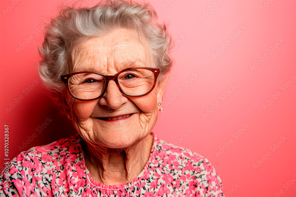 portrait of a cheerful smiling elderly grandmother in glasses on a pink background portrait of a cheerful smiling elderly grandmother in glasses on a pink background