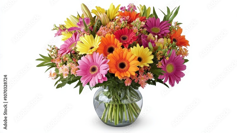 A beautiful arrangement of assorted flowers in a clear vase is showcased against a smooth white background. A beautiful arrangement of assorted flowers in a clear vase is showcased against a smooth white background.