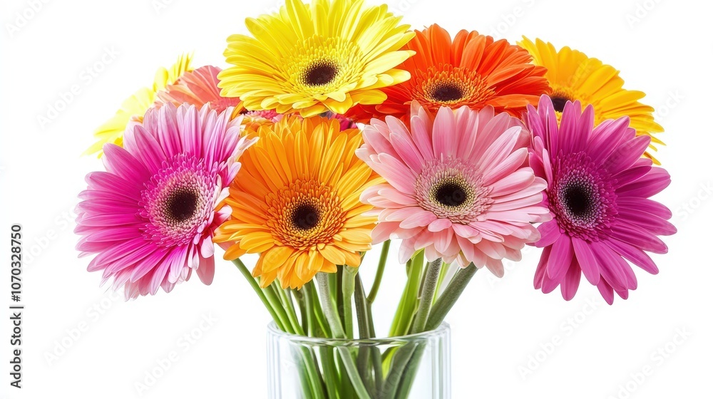 A beautiful arrangement of assorted flowers in a clear vase is showcased against a smooth white background. A beautiful arrangement of assorted flowers in a clear vase is showcased against a smooth white background.