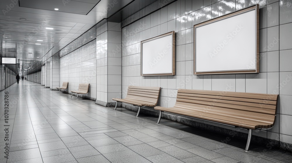 Modern subway station interior with empty benches and blank advertisement panels, featuring sleek design and minimalist aesthetics. Modern subway station interior with empty benches and blank advertisement panels, featuring sleek design and minimalist aesthetics.