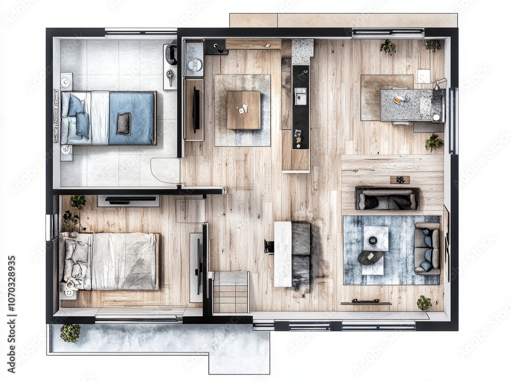A small apartment with a bedroom and living room A small apartment with a bedroom and living room