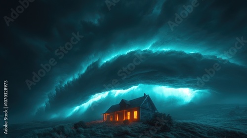 A small house with glowing windows sits beneath a dramatic stormy sky. photo