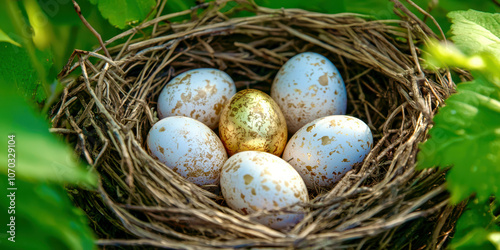 A nest of eggs with a golden egg in the center