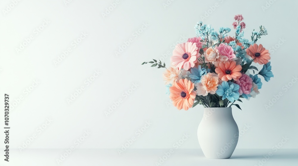 A beautiful ceramic vase overflowing with a colorful assortment of flowers is positioned on a clean white background. A beautiful ceramic vase overflowing with a colorful assortment of flowers is positioned on a clean white background.