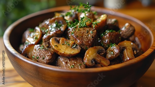 A rustic wooden bowl brimming with tender beef and mushrooms, garnished with fresh herbs, invites indulgence with its rich, savory appeal.