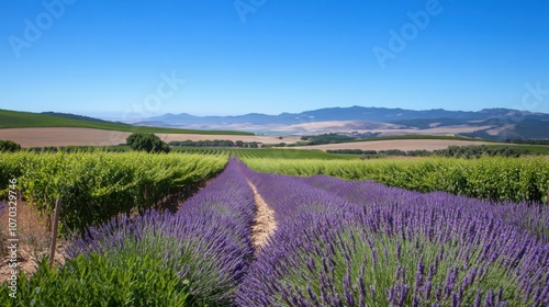 A field of lavender flowers under a clear blue sky, contrasting colors of purple and green