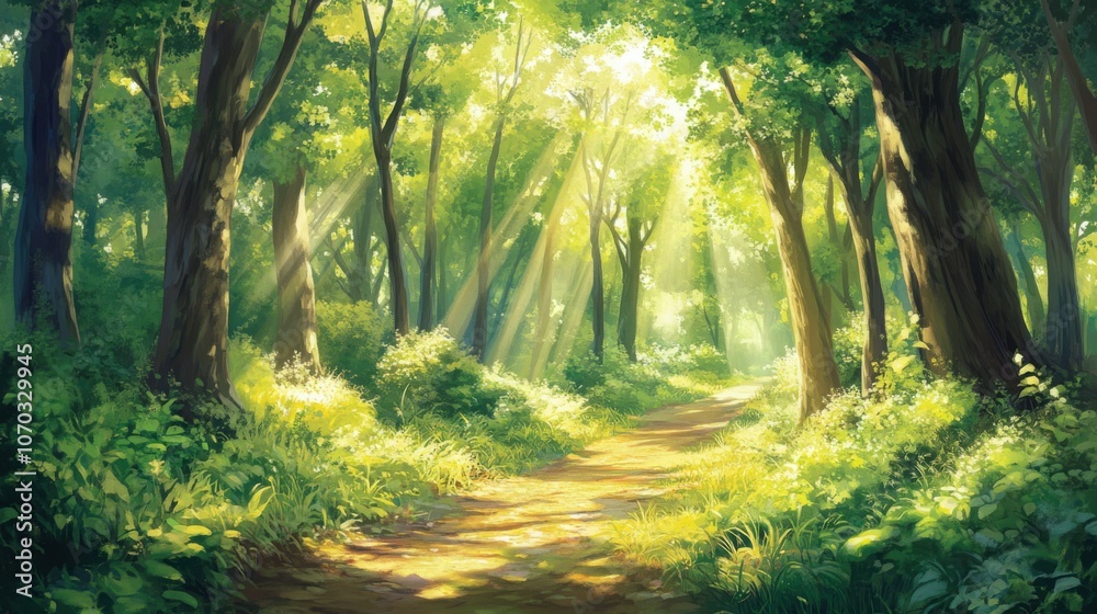 Naklejka premium A lush green forest in spring, sunlight filtering through leaves, creating dappled light and shade