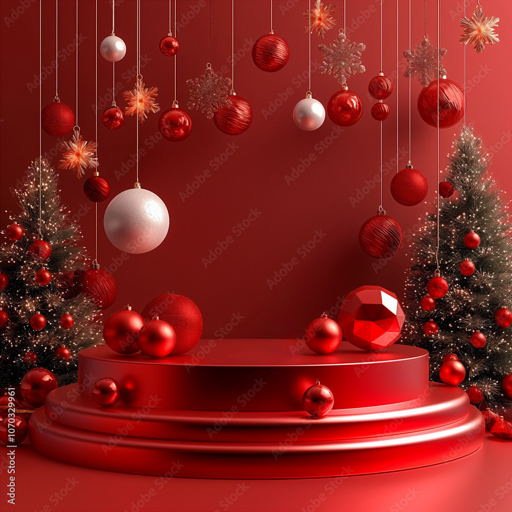 Christmas red background with podium with Christmas trees, ornaments, gift boxes. Generative AI Christmas red background with podium with Christmas trees, ornaments, gift boxes. Generative AI