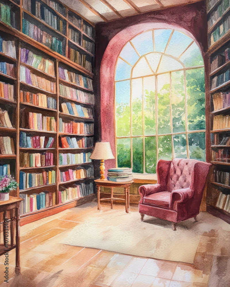 Fototapeta premium A cozy watercolor bookstore filled with colorful shelves and a sunny window view. Generative AI