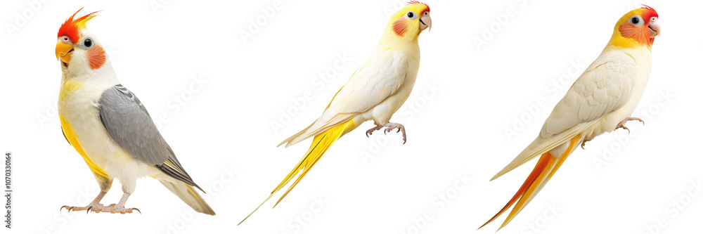 Fototapeta premium Closeup of Three Colorful Cockatiels a Type of Small Parrot Perching on a Wooden Branch in a Lush Tropical Inspired Environment The Birds Display Their Bright