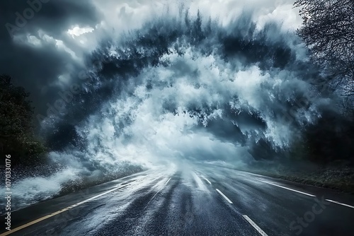 Giant ocean wave crashing down on empty road during severe storm with dark clouds
