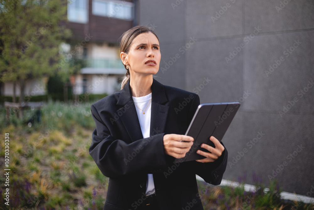 Doubtful woman with ponytail wear suit blazer hold tablet and look mad puzzled, angry. Girl stand near office at city, look annoyed.