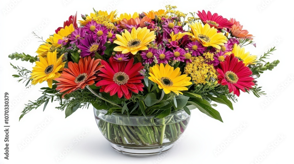 A beautiful vase filled with vibrant flowers sits gracefully on a clean white background. A beautiful vase filled with vibrant flowers sits gracefully on a clean white background.