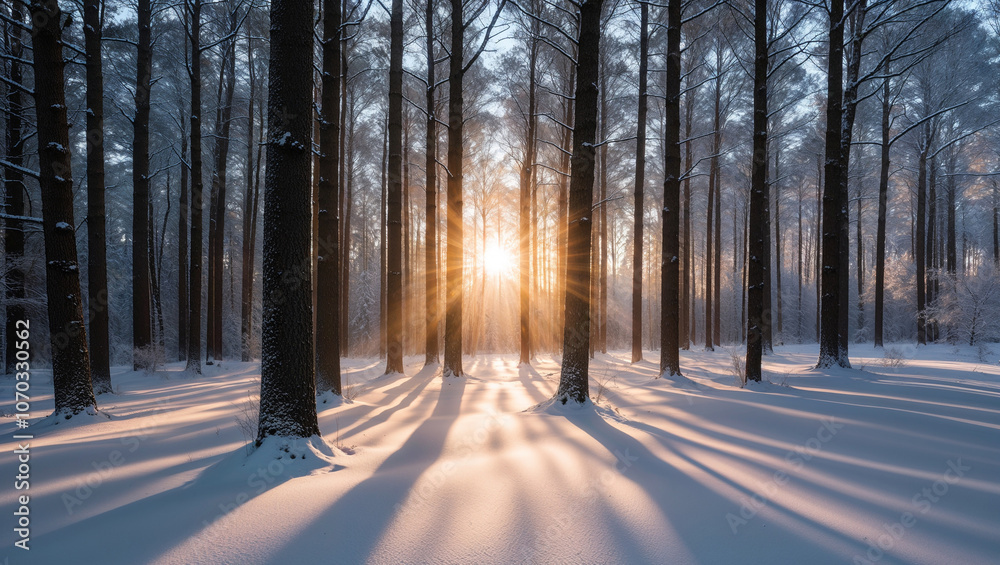 Naklejka premium Light streams through snowy pines in serene winter forest.