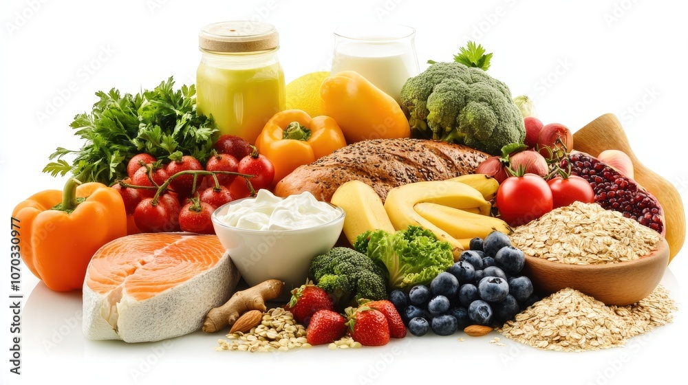 A bright and clean arrangement of the five food groups is laid out on a transparent white background. A bright and clean arrangement of the five food groups is laid out on a transparent white background.