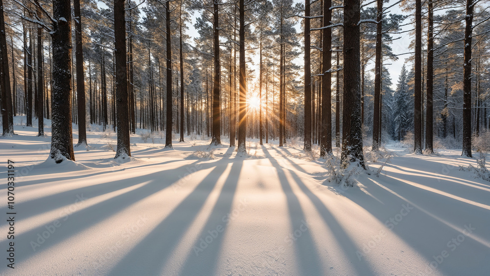 Sunset light casting long shadows in a snow-covered forest landscape. Sunset light casting long shadows in a snow-covered forest landscape.