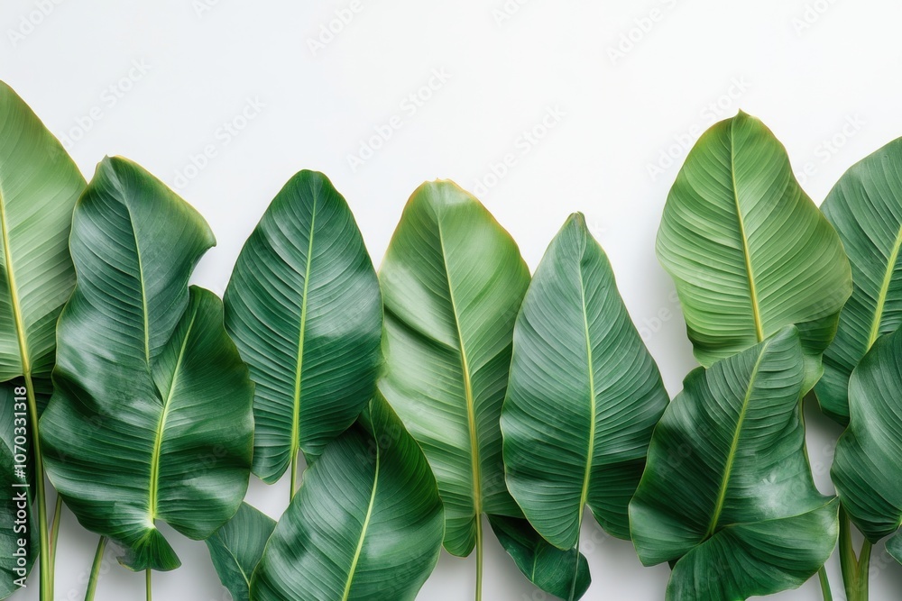 Fototapeta premium Lush green tropical leaves arranged creatively on a light background for display purposes