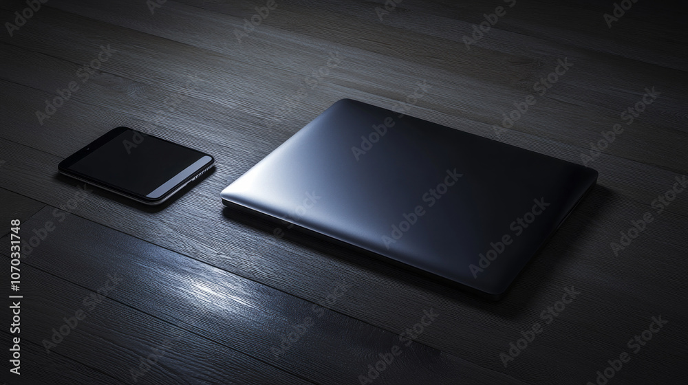 A black laptop and a black cell phone are on a wooden table