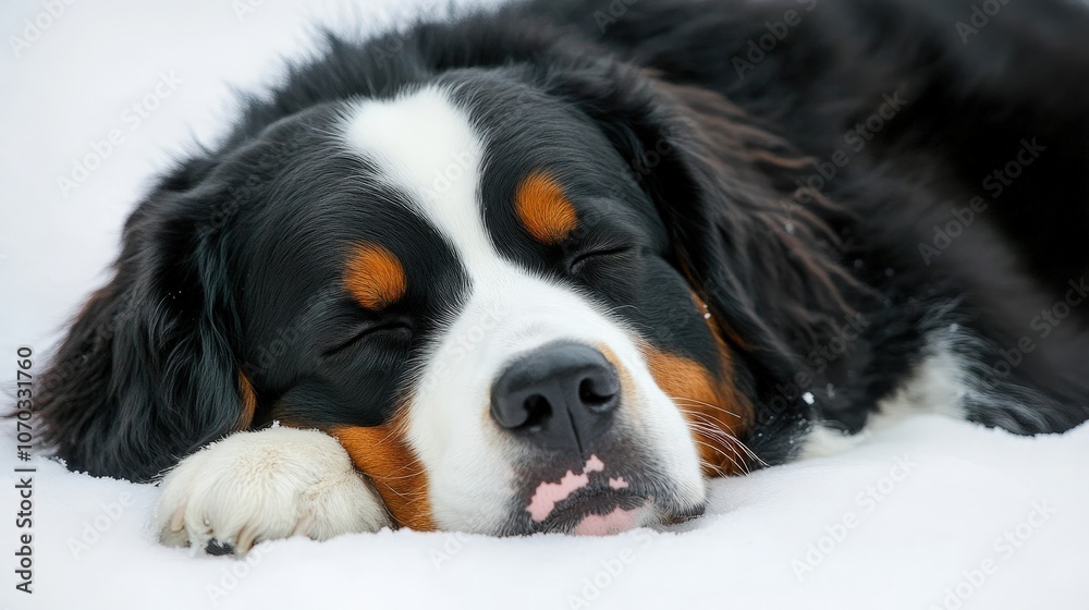 A calm and affectionate Bernese Mountain Dog is resting on a pristine white background, its thick fur and gentle demeanor creating a serene visual. A calm and affectionate Bernese Mountain Dog is resting on a pristine white background, its thick fur and gentle demeanor creating a serene visual.