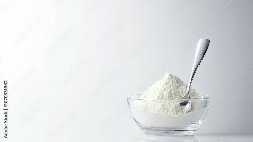 A captivating arrangement of milk powder in a small glass bowl, paired with a shiny stainless steel spoon, is displayed against a smooth white background.