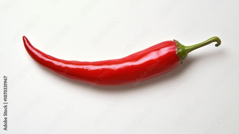 A captivating close-up of a single red chili pepper is displayed on a white background.