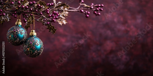 A festive arrangement featuring decorative ornaments hanging from branches, set against a rich, blurred backdrop.