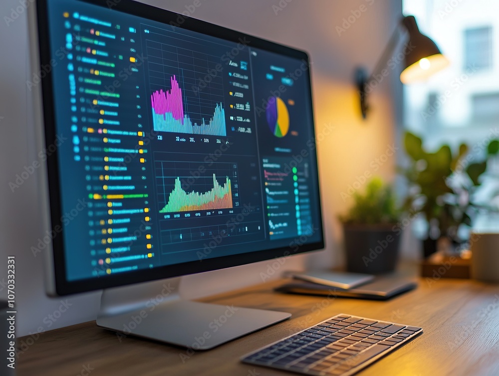 Desktop monitor displaying analytics dashboard in office. Desktop monitor displaying analytics dashboard in office.