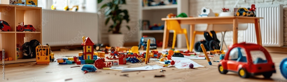 A colorful playroom filled with various toys scattered across the floor, showcasing a lively and imaginative environment for children. A colorful playroom filled with various toys scattered across the floor, showcasing a lively and imaginative environment for children.