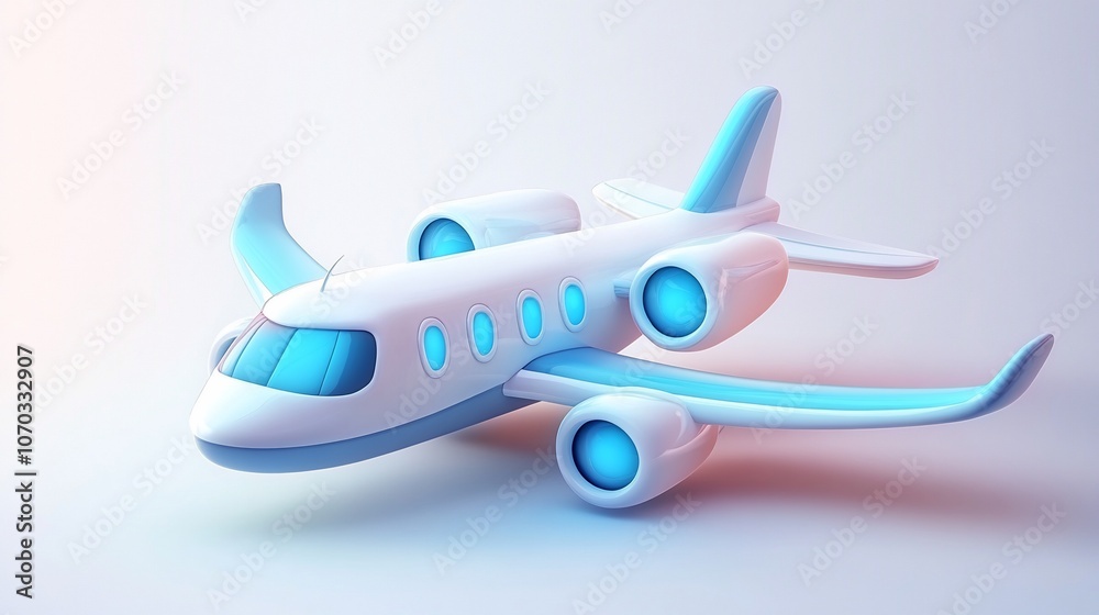 Cartoon white airplane with blue details on a white background. Cartoon white airplane with blue details on a white background.