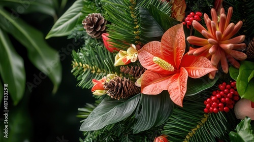 Close-up of a vibrant Christmas wreath crafted from tropical leaves and flowers photo