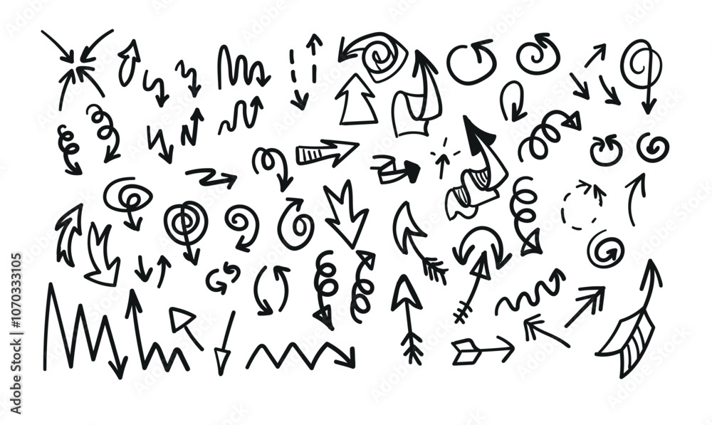 A set of hand-drawn vector brush arrows. The versatile set includes a variety of styles and sizes. A set of hand-drawn vector brush arrows. The versatile set includes a variety of styles and sizes.