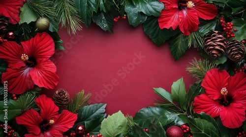 Close-up of red hibiscus flowers and green leaves creating a festive Christmas border