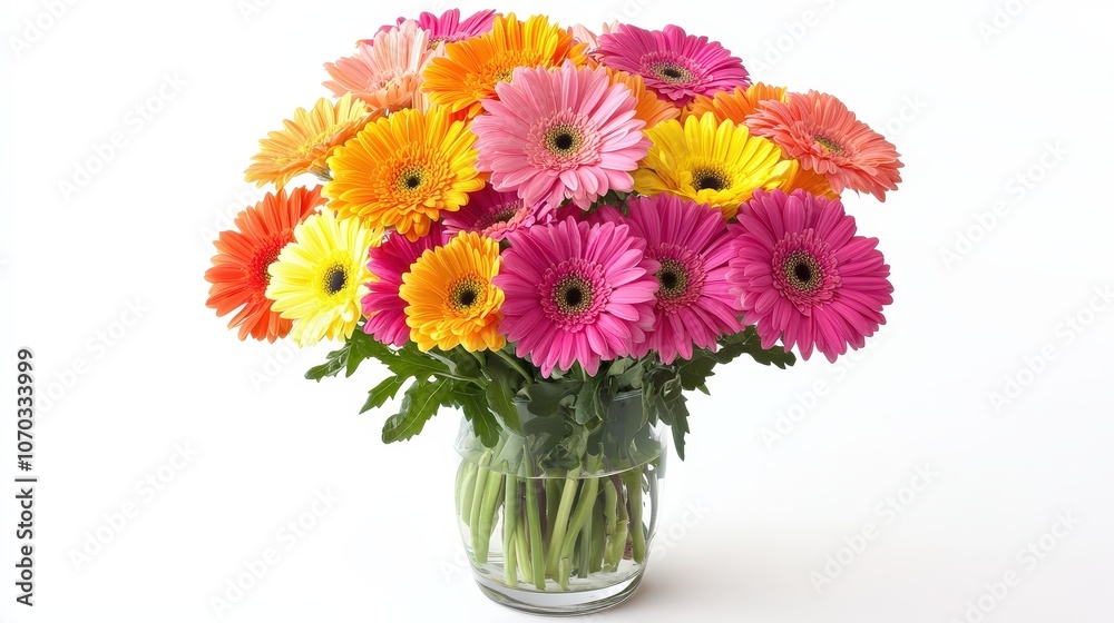 A charming vase filled with a colorful bouquet of flowers rests against a clean white background. A charming vase filled with a colorful bouquet of flowers rests against a clean white background.
