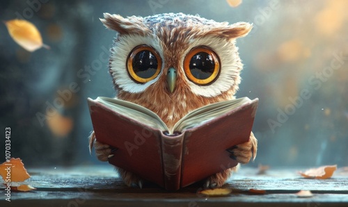 Watercolor owl reading a book, soft and charming on a blank canvas, 3D illustration photo