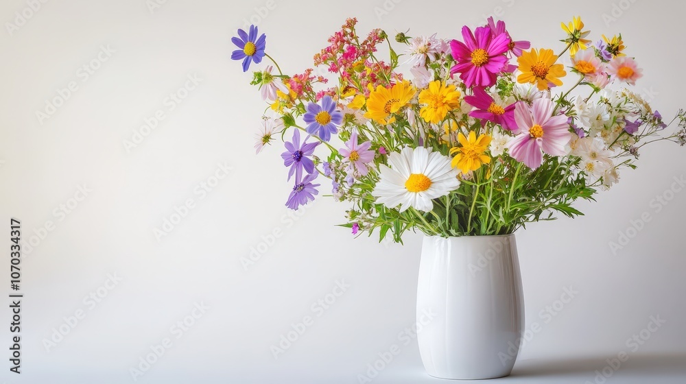 A charming vase filled with seasonal flowers is set against a bright white background, showcasing the beauty of nature. A charming vase filled with seasonal flowers is set against a bright white background, showcasing the beauty of nature.