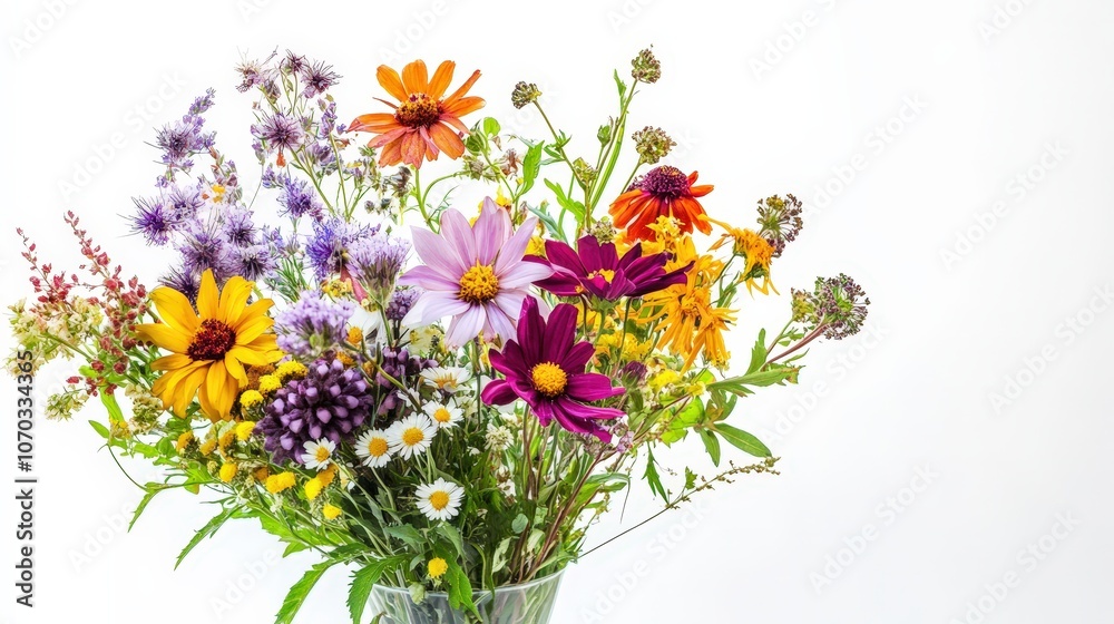 A charming vase filled with seasonal flowers is set against a bright white background, showcasing the beauty of nature. A charming vase filled with seasonal flowers is set against a bright white background, showcasing the beauty of nature.