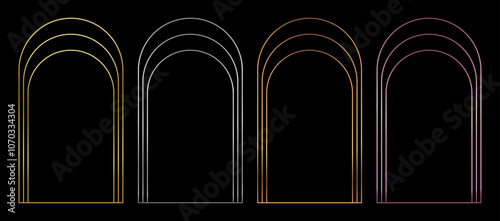 Luxury Art deco shiny arch frame set in precious metal colors - platinum silver, bronze, rose and yellow gold. Editable stroke vector illustration of stained glass window arch collection 