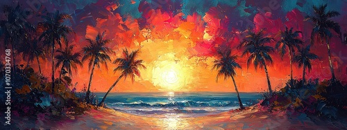 Abstract painting of palm trees on the beach, with vibrant colors and detailed, colorful elements.