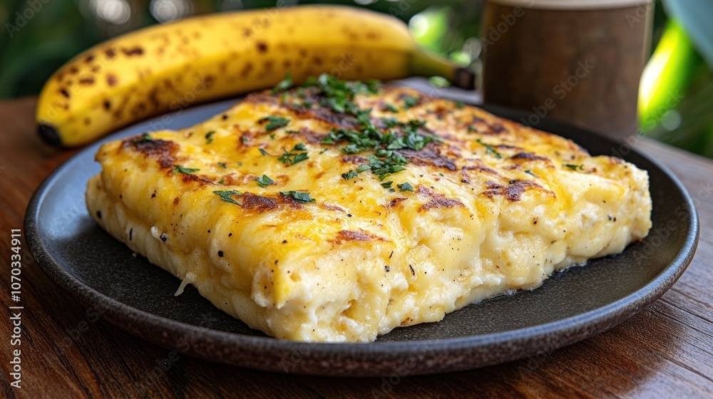 A square of golden-brown baked cheesy egg breakfast casserole on a gray plate with a banana in the background.