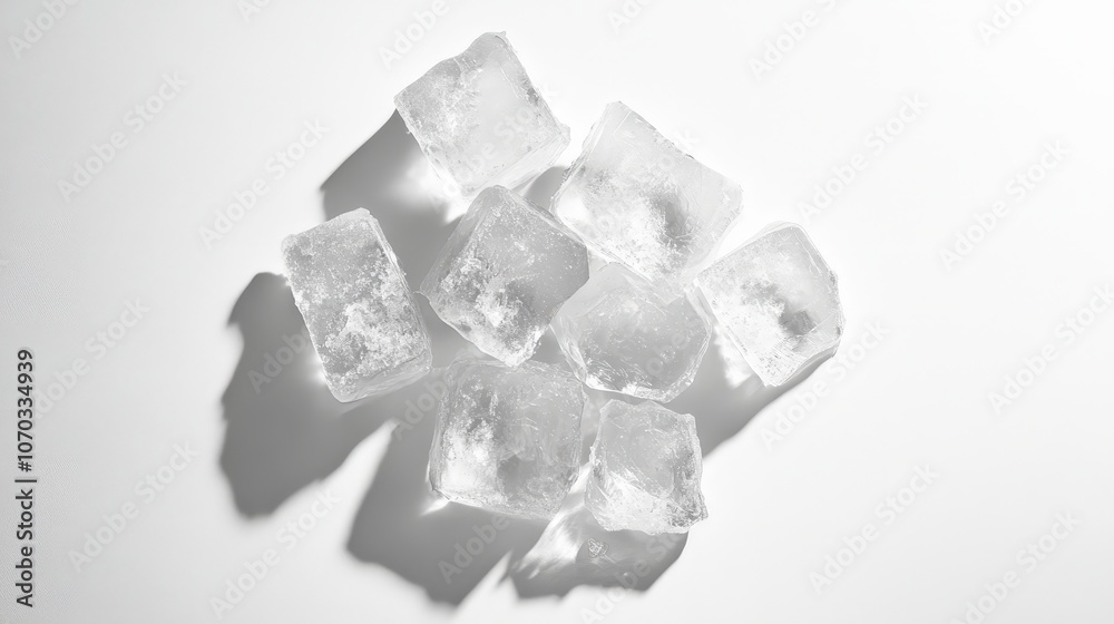 A cluster of ice cubes lies on a pristine white backdrop, their clear, frosty surfaces catching the light. A cluster of ice cubes lies on a pristine white backdrop, their clear, frosty surfaces catching the light.