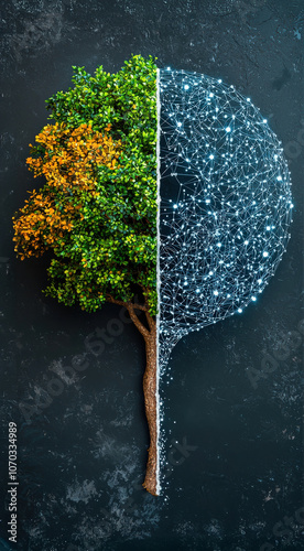 A visually striking split image of a tree, with one half vibrant with autumn leaves and the other half depicting a starry night sky.