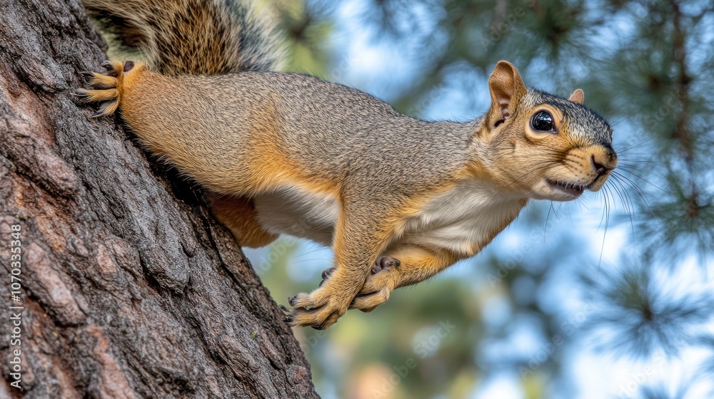 Obraz premium A squirrel perched on a tree trunk, looking up with a curious expression.
