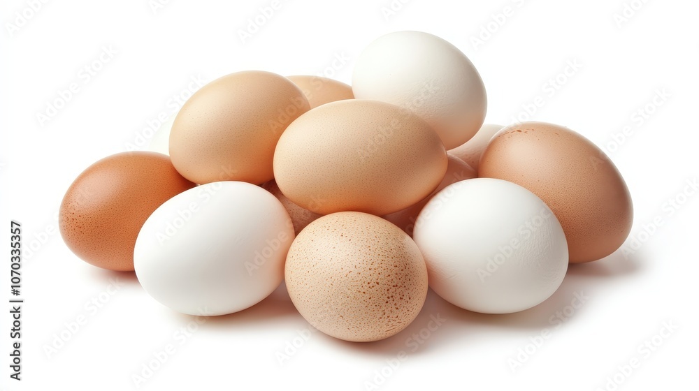 A collection of chicken eggs is gently arranged on a white background. A collection of chicken eggs is gently arranged on a white background.