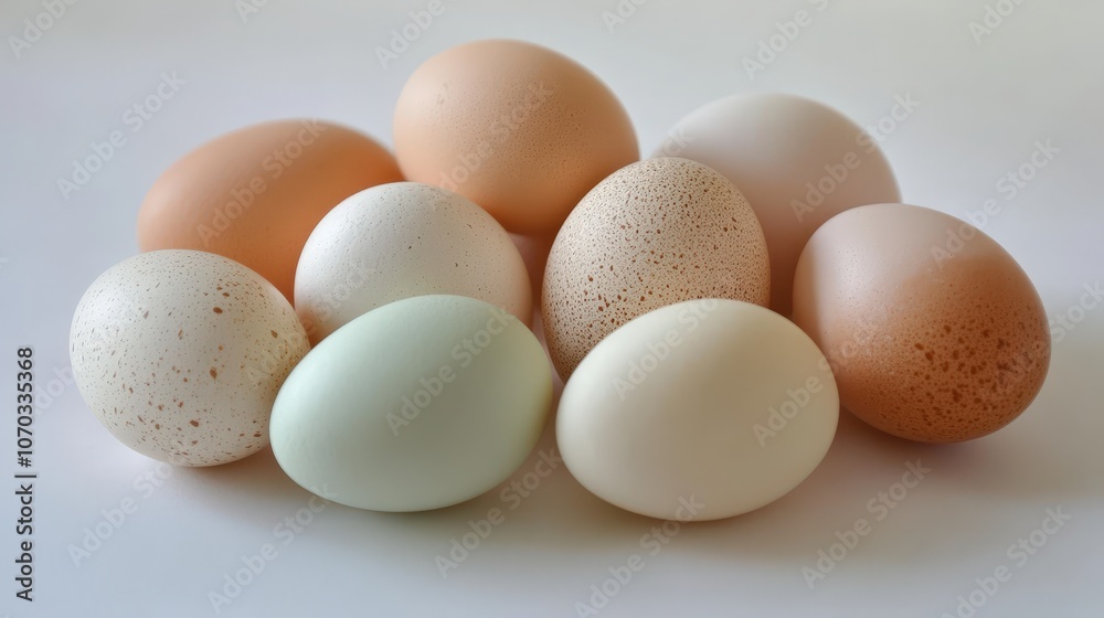 A collection of chicken eggs is gently arranged on a white background. A collection of chicken eggs is gently arranged on a white background.
